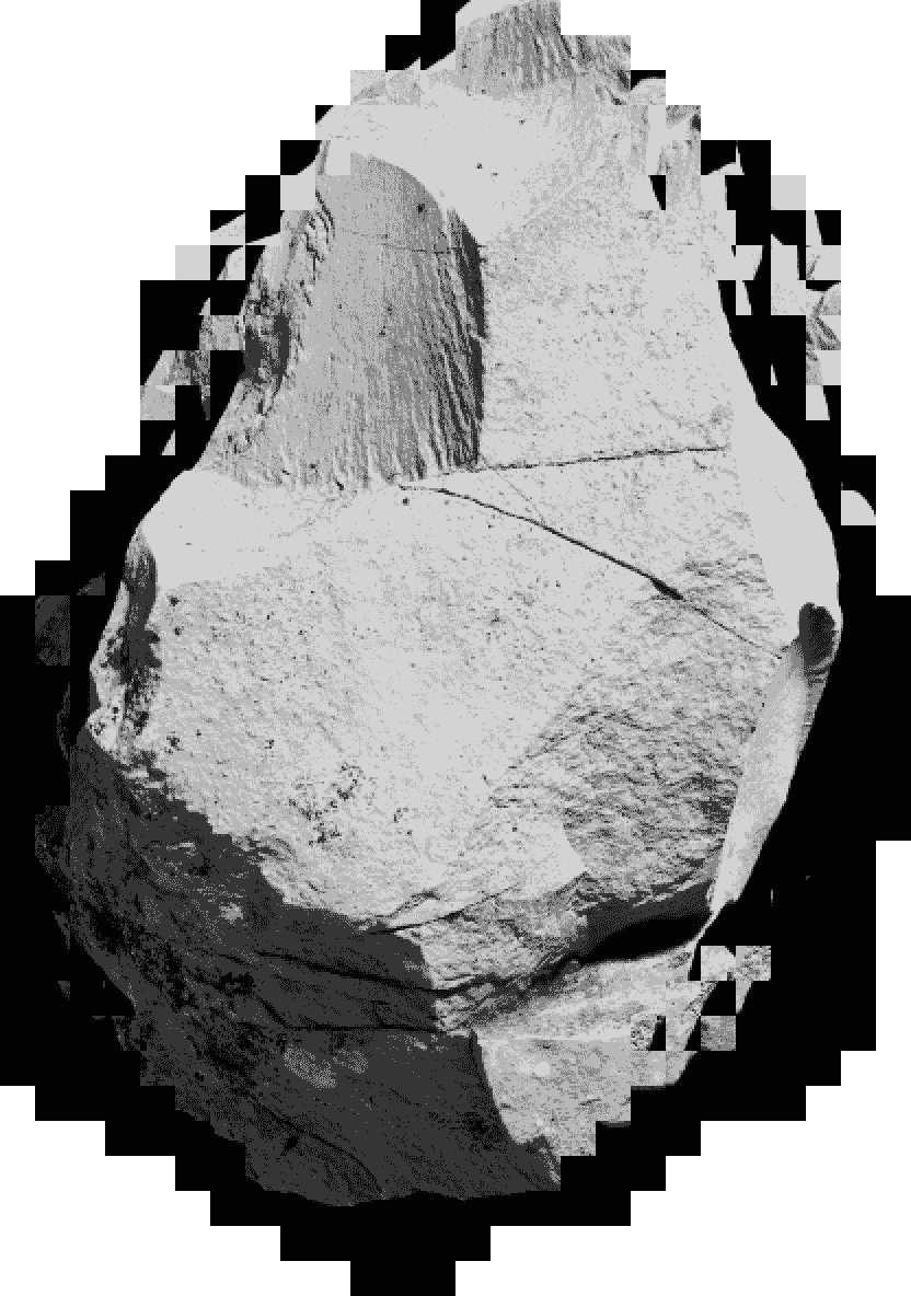 decorative grayscale image of a rock on a black background with irregular edges